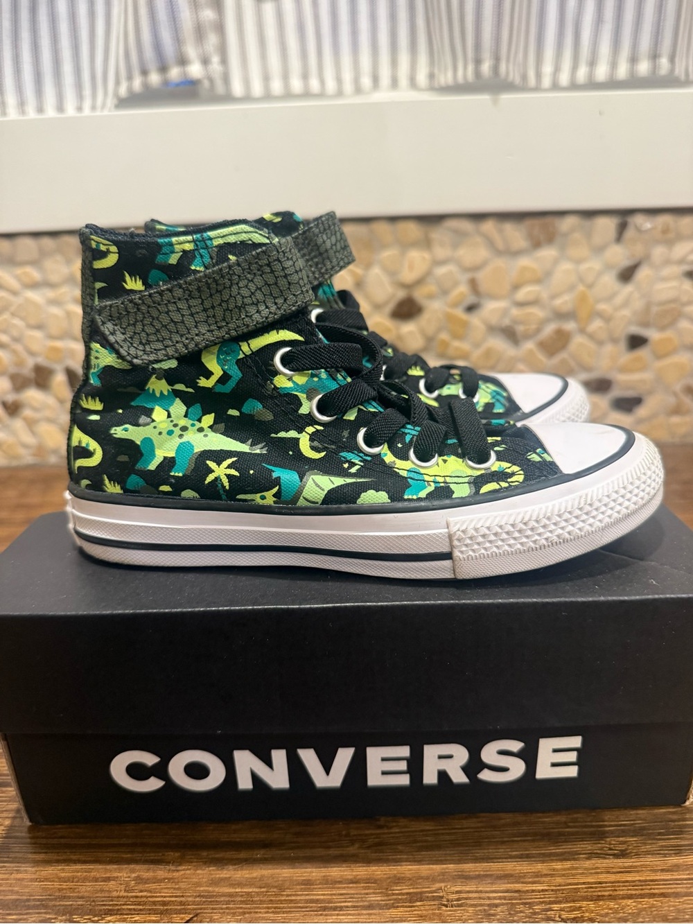 Converse Kids High Top Sneakers in Black and Green Dinosaur Print